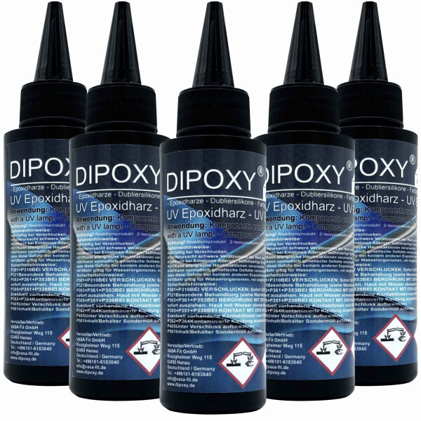 Résine époxy UV à durcissement rapide (30 à 90 secondes avec une lampe UV) transparente et cristalline, qualité professionnelle pour le bricolage, 5x 100 ml