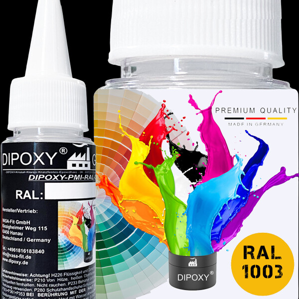Dipoxy-PMI-RAL 1003 JAUNE SIGNAL Pigment de base extrêmement concentré Pâte colorante Colorant pour résine époxy, résine polyester, systèmes polyuréthane, béton, vernis, peinture liquide Résine synthétique Bijoux